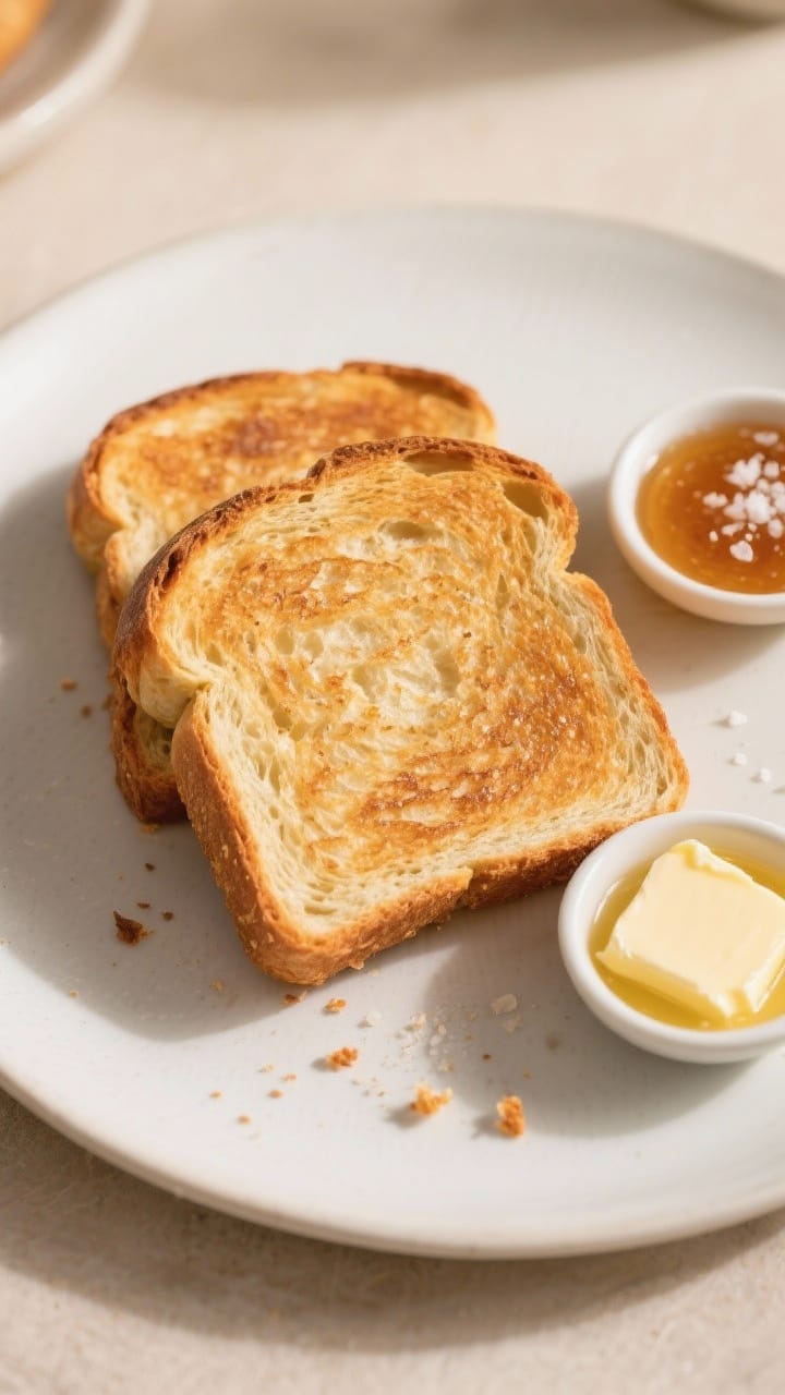 Final dish presentation: Tasty top-down breakfast scene with thick slices of the loaf toasted to an