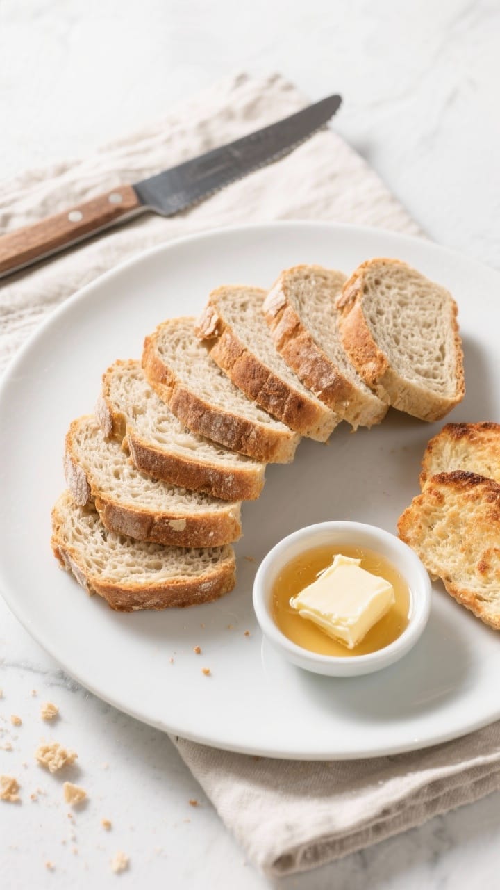 Final dish presentation: Tasty top view of neatly sliced gluten-free bread arranged in a slight fan 