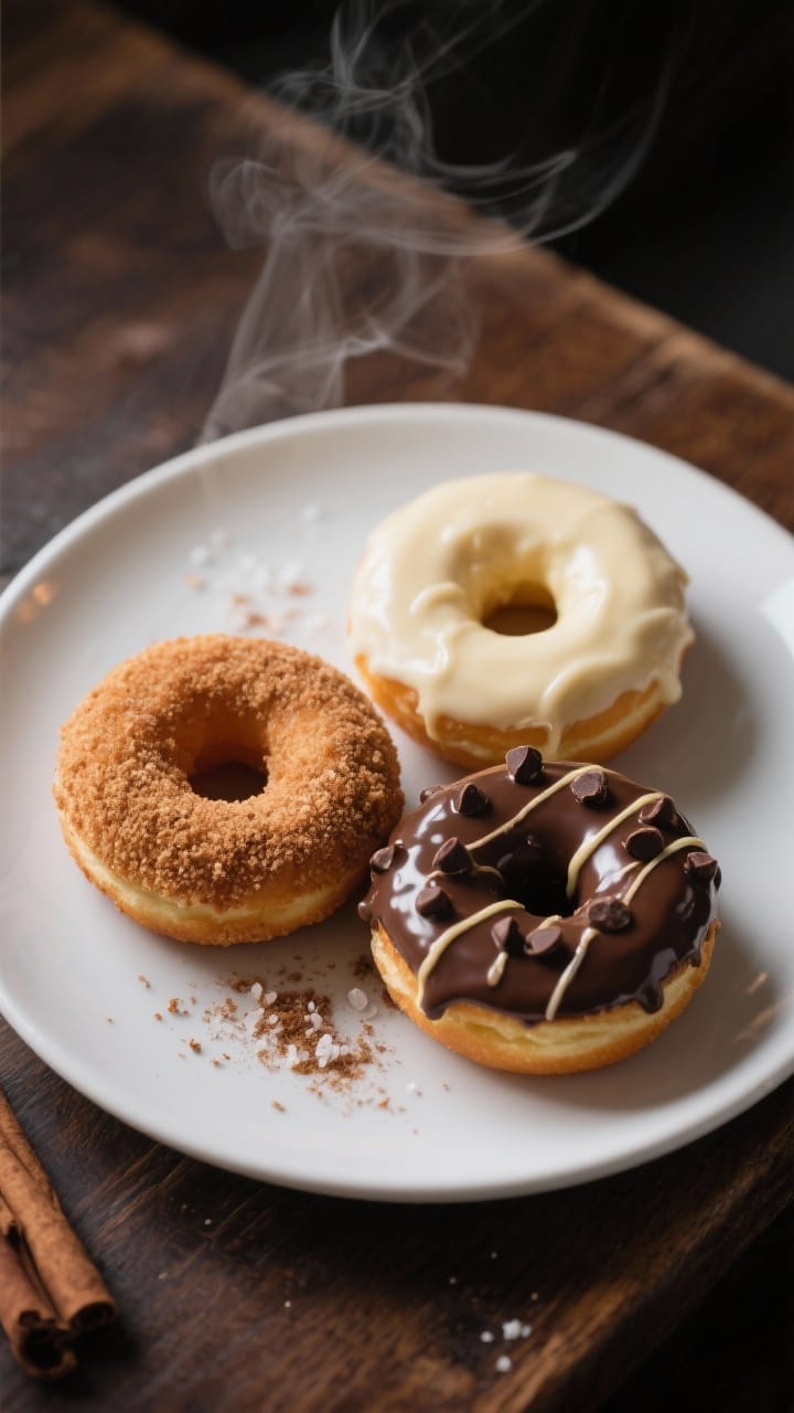 Final dish presentation: trio of donuts plated café-style—one coated in cinnamon-sugar, one with 