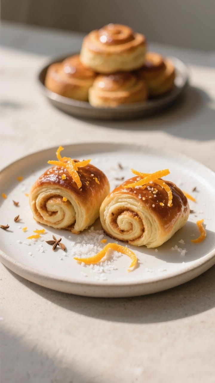 Final dish presentation (variation): Beautifully plated Orange Cardamom rolls—two glazed rolls on