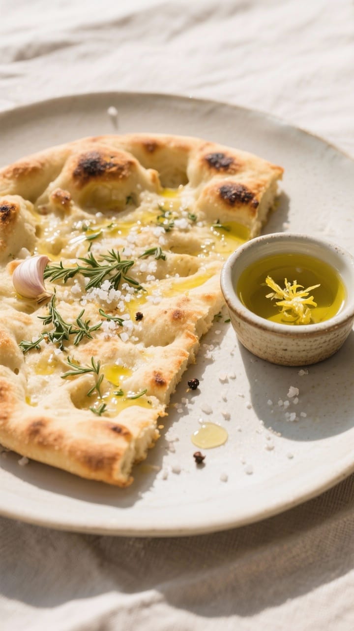Final plated dish: Restaurant-quality presentation of a single large herb flatbread baked to golden 