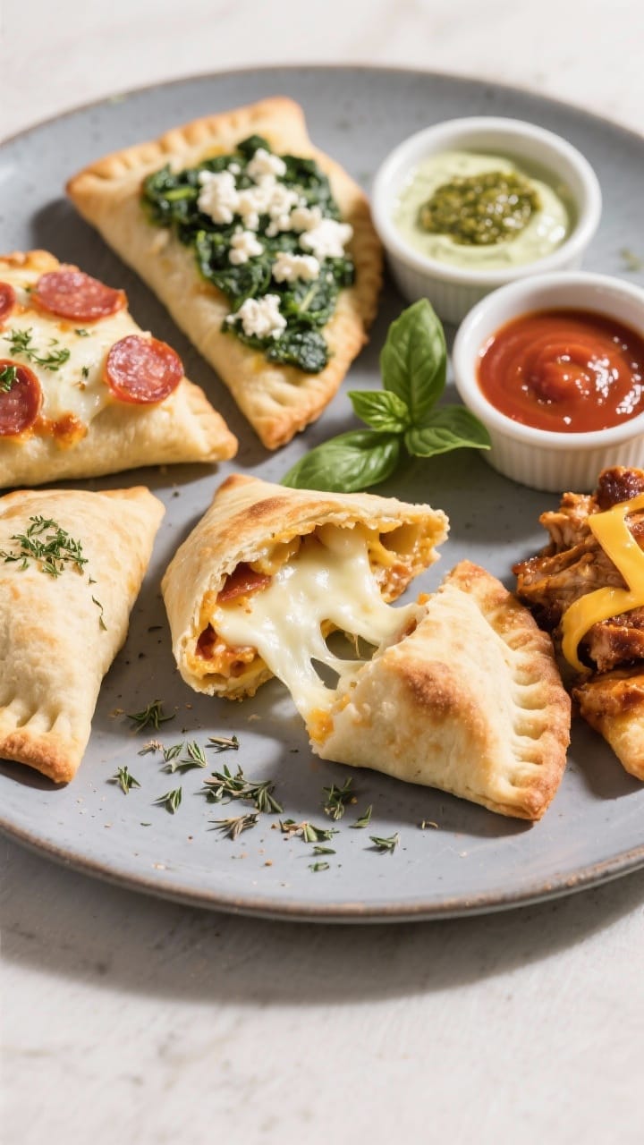 Final plated dish: Restaurant-quality presentation of assorted Stuffed Dough Snack Pockets on a matt