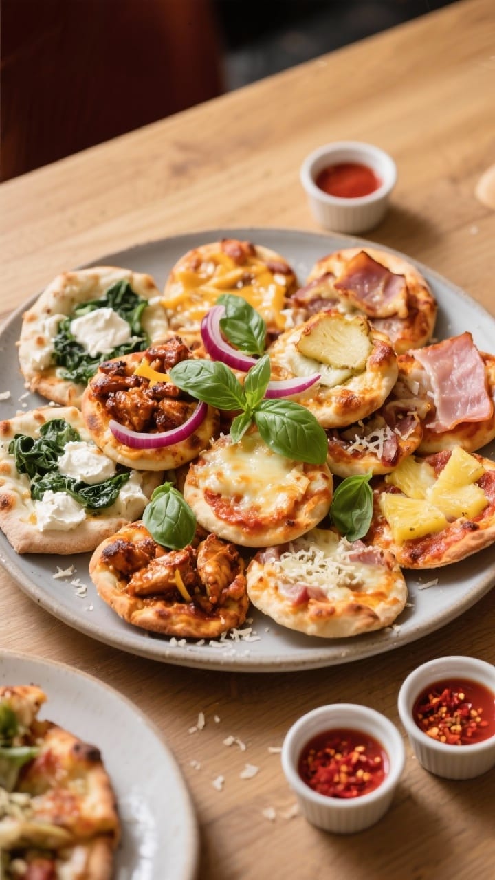 Final plated presentation: a modern ceramic platter mounded with assorted mini party pizzas arranged