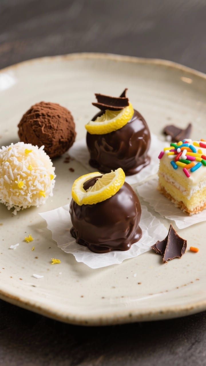 Final plated presentation: an elegant ceramic plate with an assortment of finished variations—Choc