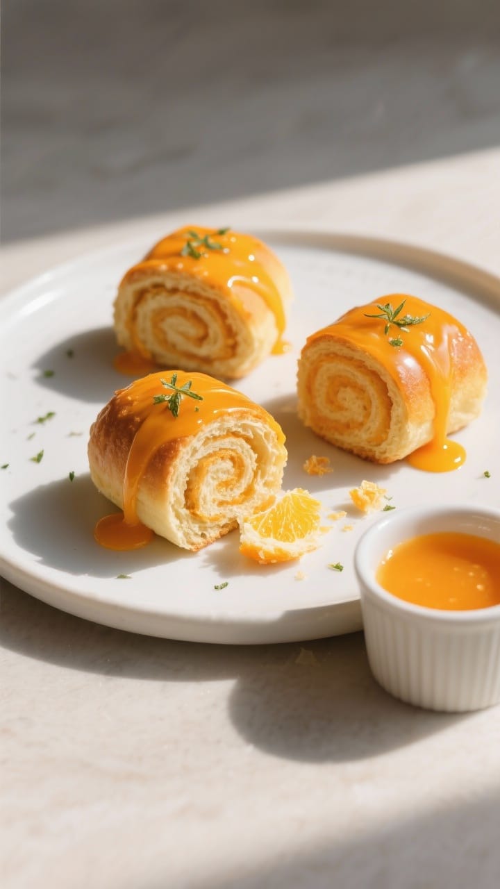 Final plated presentation: Overhead, restaurant-quality shot of three orange sweet rolls arranged on