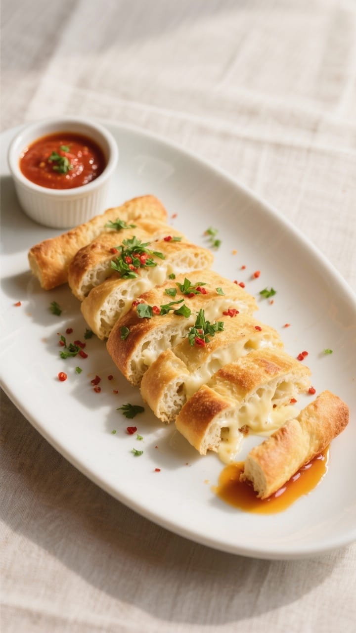 Final plated presentation: Restaurant-quality serving of sliced cheesy breadsticks arranged in a fan