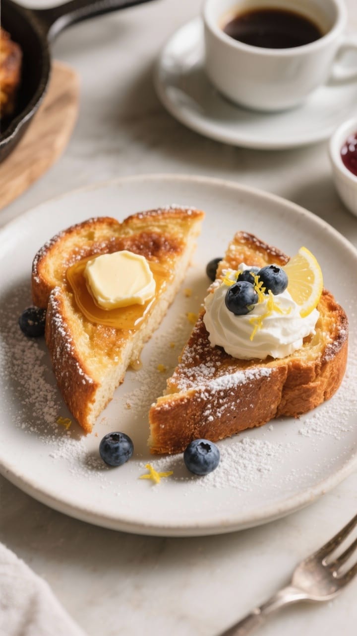 Final plated presentation: Restaurant-quality serving of warm wedges of sweet skillet bread arranged