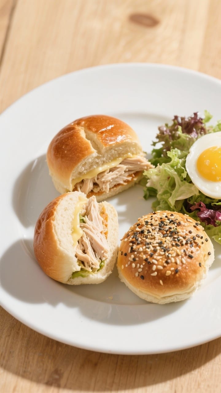 Final plated scene: beautifully presented slider-ready buns split and filled with lean pulled chicke