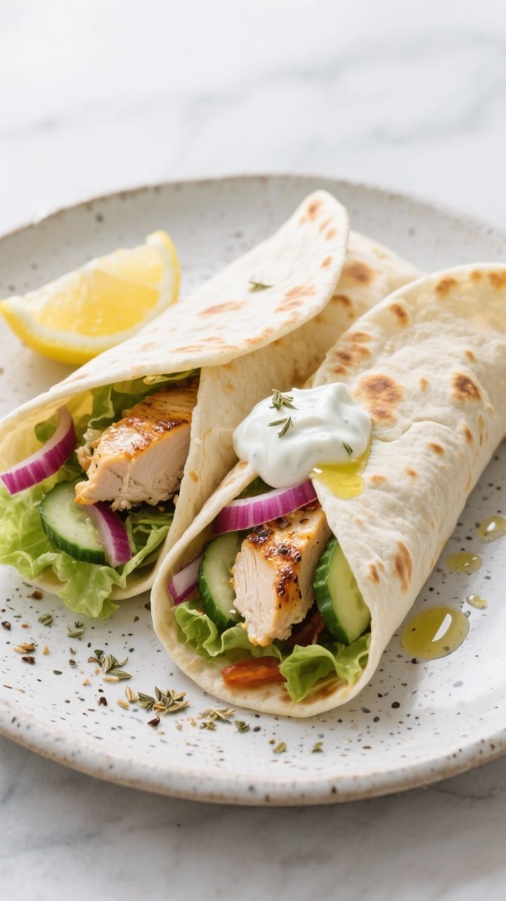 Final plated wrap presentation: Beautifully plated stovetop flatbread used as a wrap, filled with gr