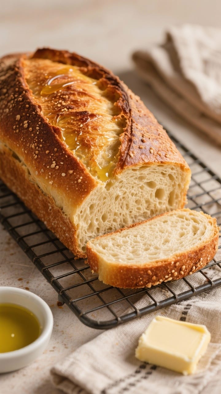 Final presentation beauty shot: A golden-brown bakery-style loaf of homemade bread on a cooling rack