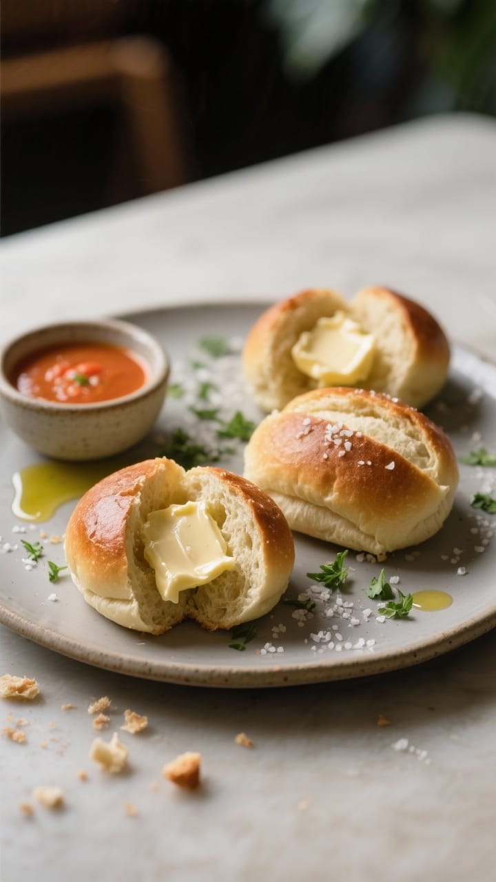 Final presentation hero shot: three split vegan dinner rolls on a matte ceramic plate, interiors but