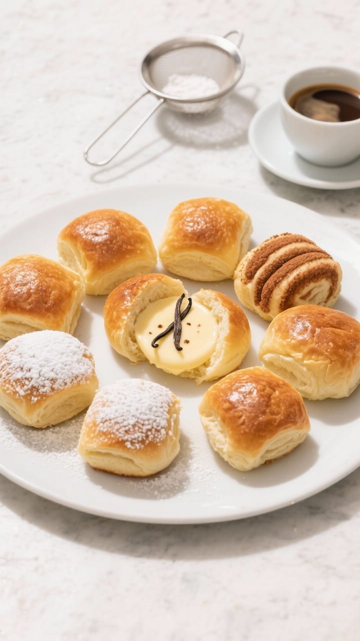 Final presentation top view: A set of golden pastry buns on a matte white platter, evenly baked with