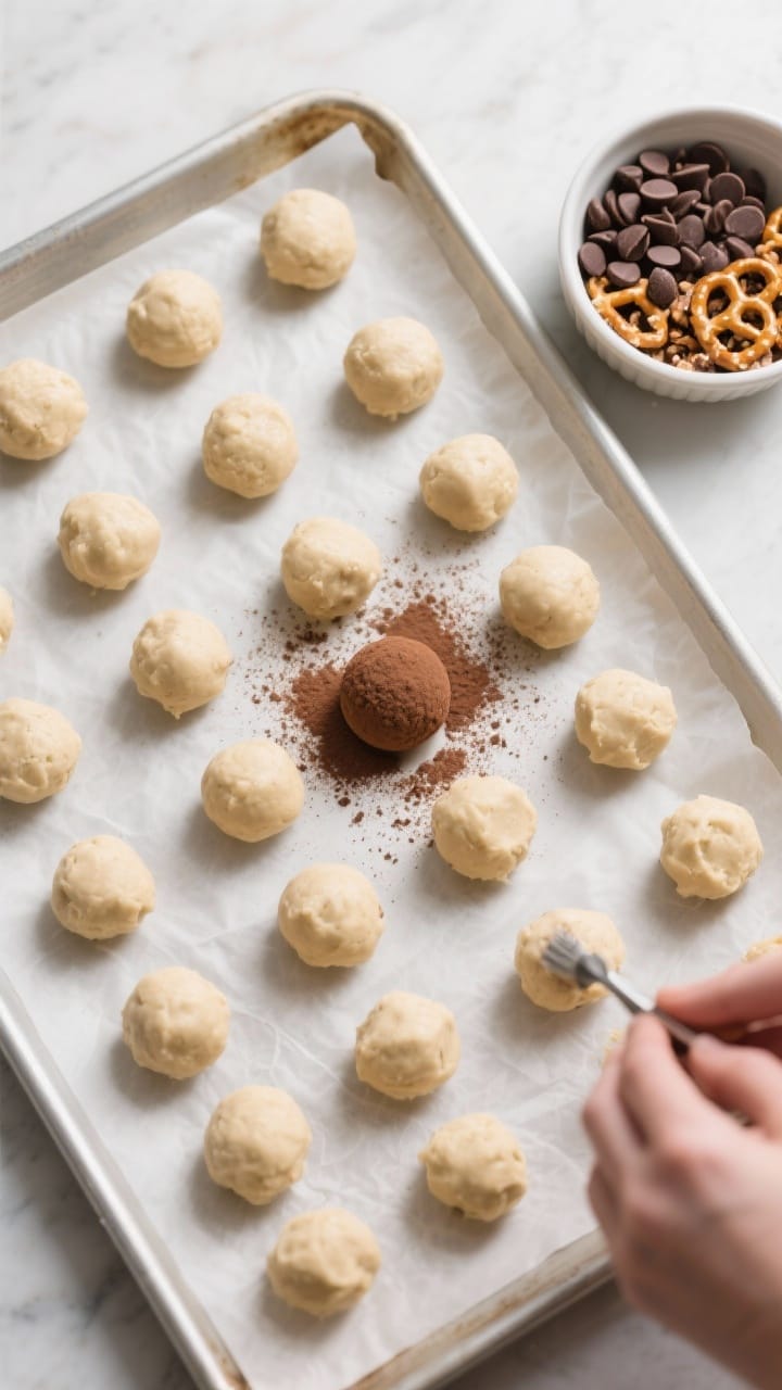 Overhead process shot of no-bake dough portions being rolled: a parchment-lined baking sheet with ne
