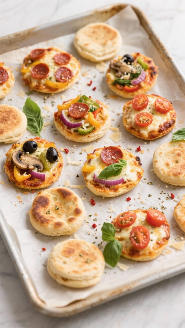 Overhead shot of a parchment-lined baking sheet filled with mini party pizzas just out of the oven: