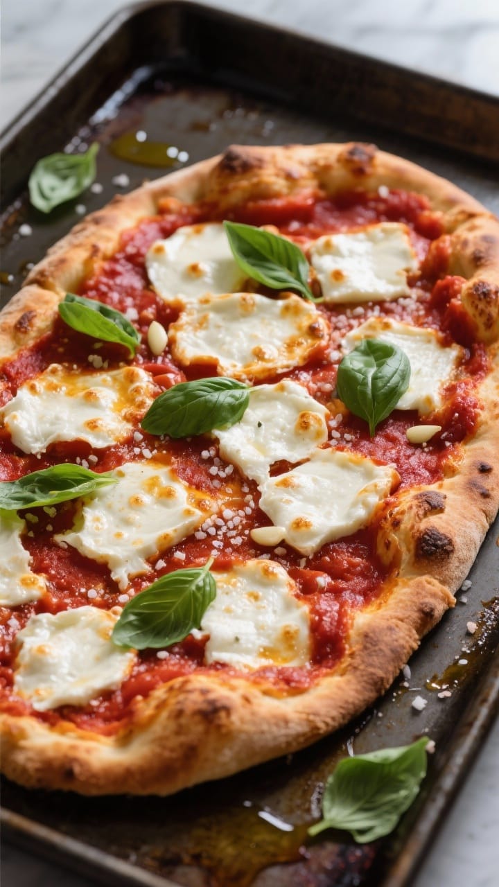 Overhead shot of a sheet-pan Margherita flatbread just out of a 450°F oven: bubbly torn fresh mozza
