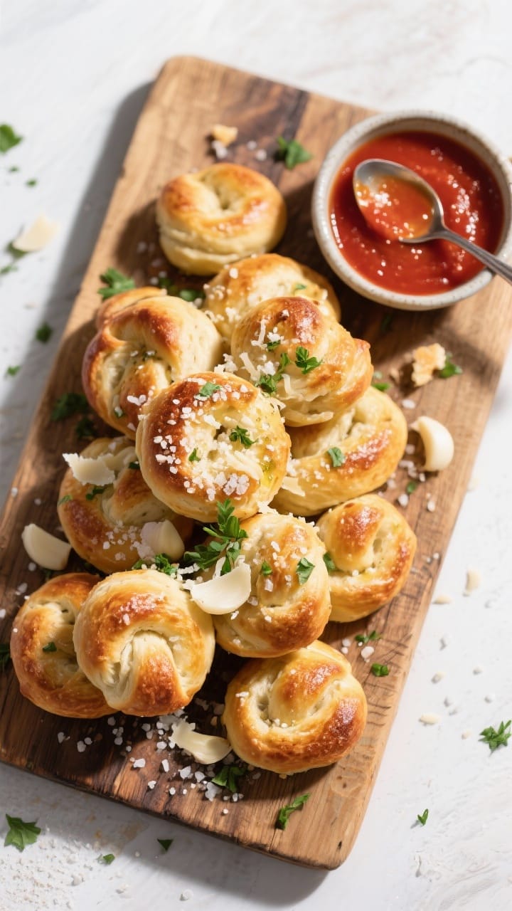 Overhead “tasty top view”: a rustic wooden board piled with warm garlic knots tossed in garlic b