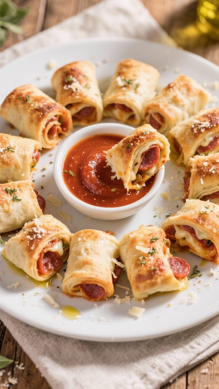 Overhead “tasty top view”: a warm platter of pizza rolls arranged in a loose spiral on a matte w