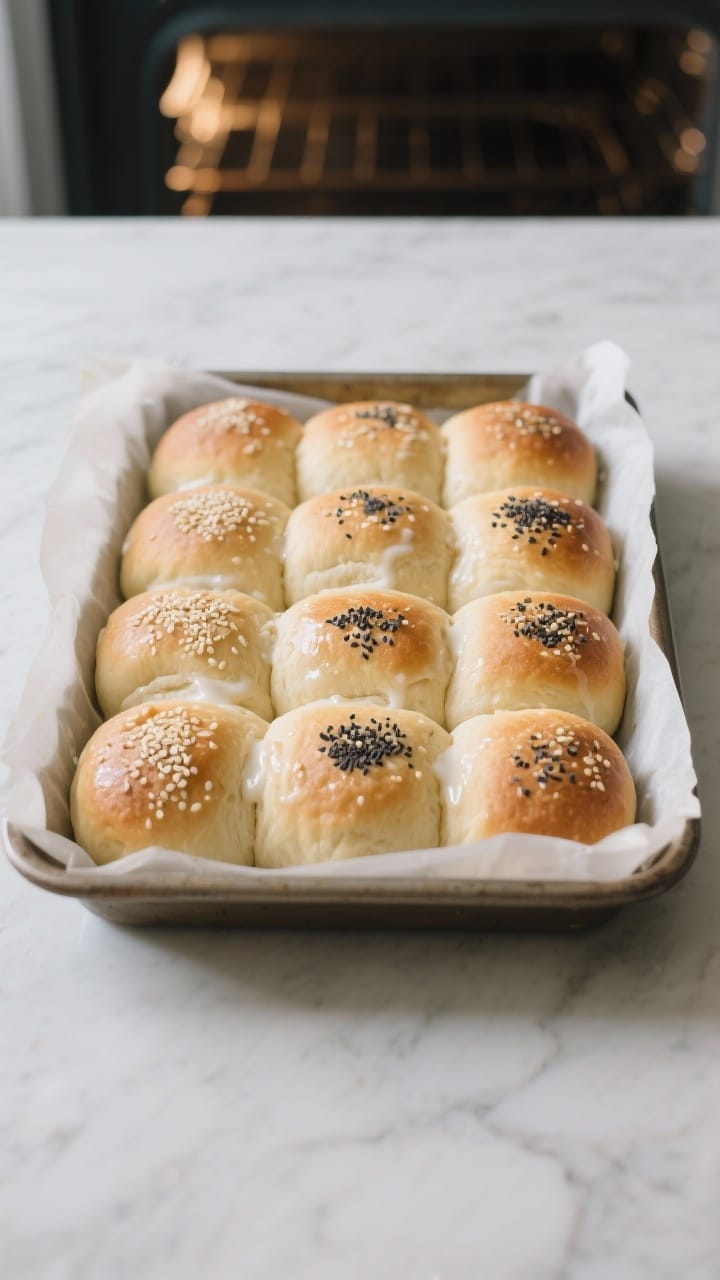 Overhead tasty top view of 12 evenly shaped vegan dinner rolls after the second rise, puffy and near