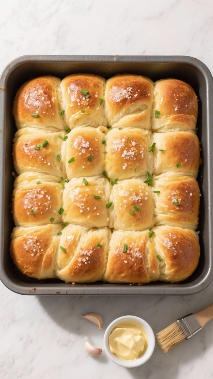 Overhead tasty top view of a batch of 12 pull-apart rolls arranged snugly in the pan after baking, b