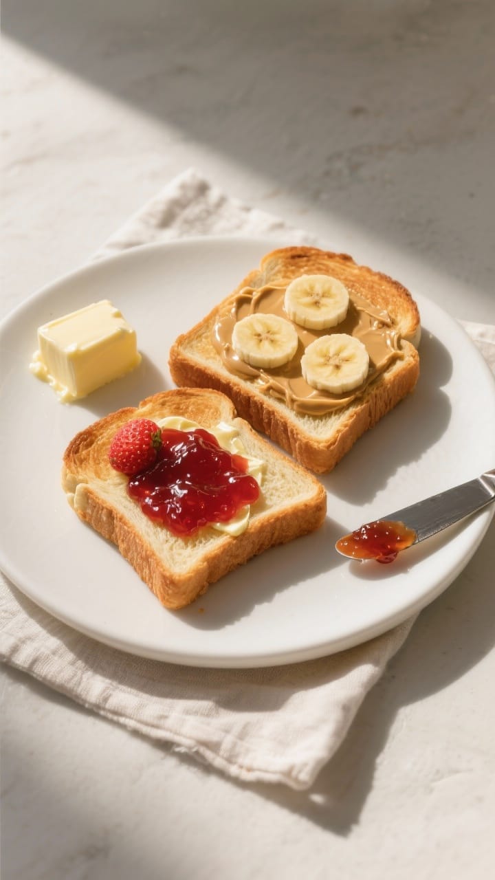 Overhead “tasty top view” of thick breakfast toast slices from the loaf, two pieces lightly brow