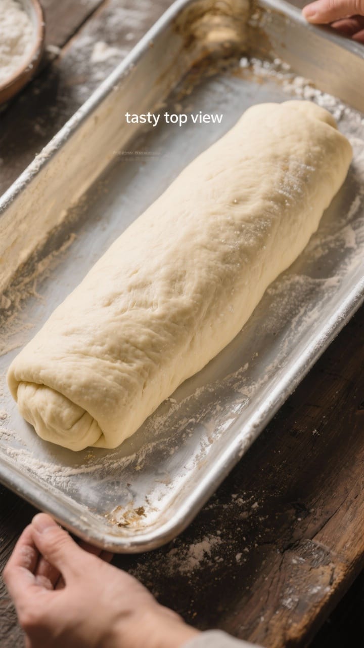 Overhead “tasty top view” process shot: The shaped, smoothed dough log nestled in a greased