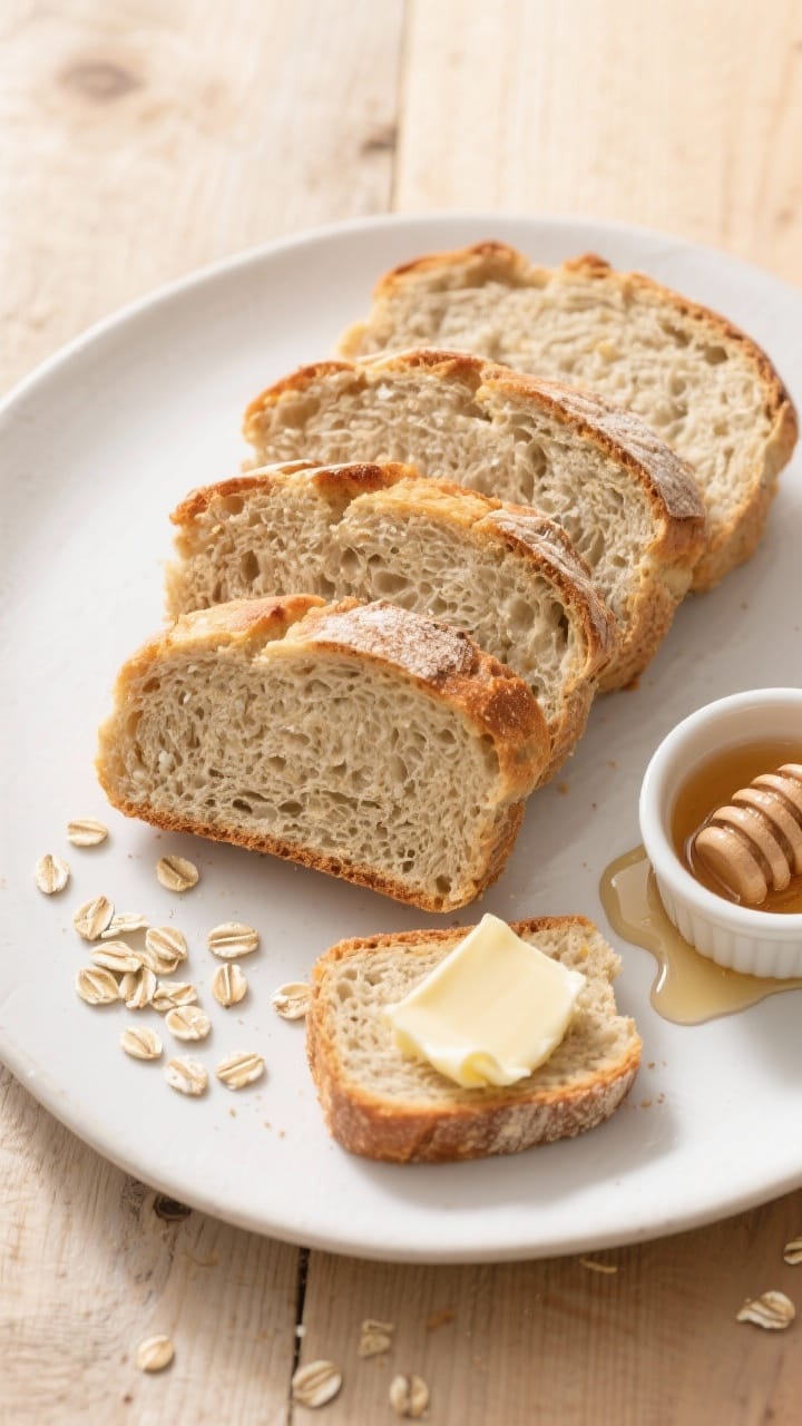 Overhead top-down serving scene: Slices of the finished one-bowl bread arranged in a slight fan on a