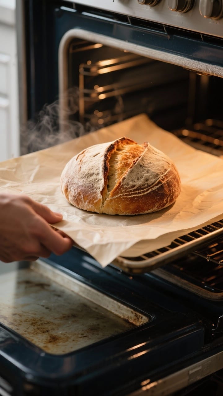 Process-in-action shot: A rustic boule on parchment right before baking, beautifully taut surface wi