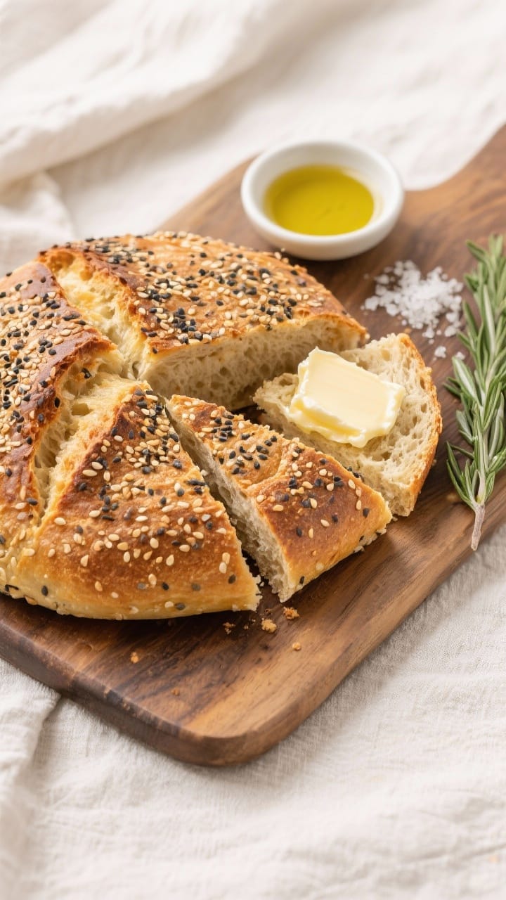 Tasty top view — final presentation: Overhead shot of the whole round loaf on a wooden board, slic