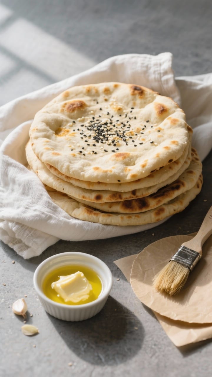 Tasty top view, overhead: A stack of freshly cooked flatbreads wrapped in a clean linen towel to kee