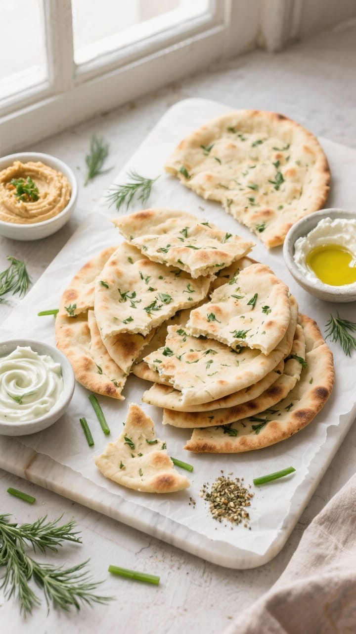 Tasty top view: Overhead shot of a board piled with thin, oval herb flatbreads torn into shareable p