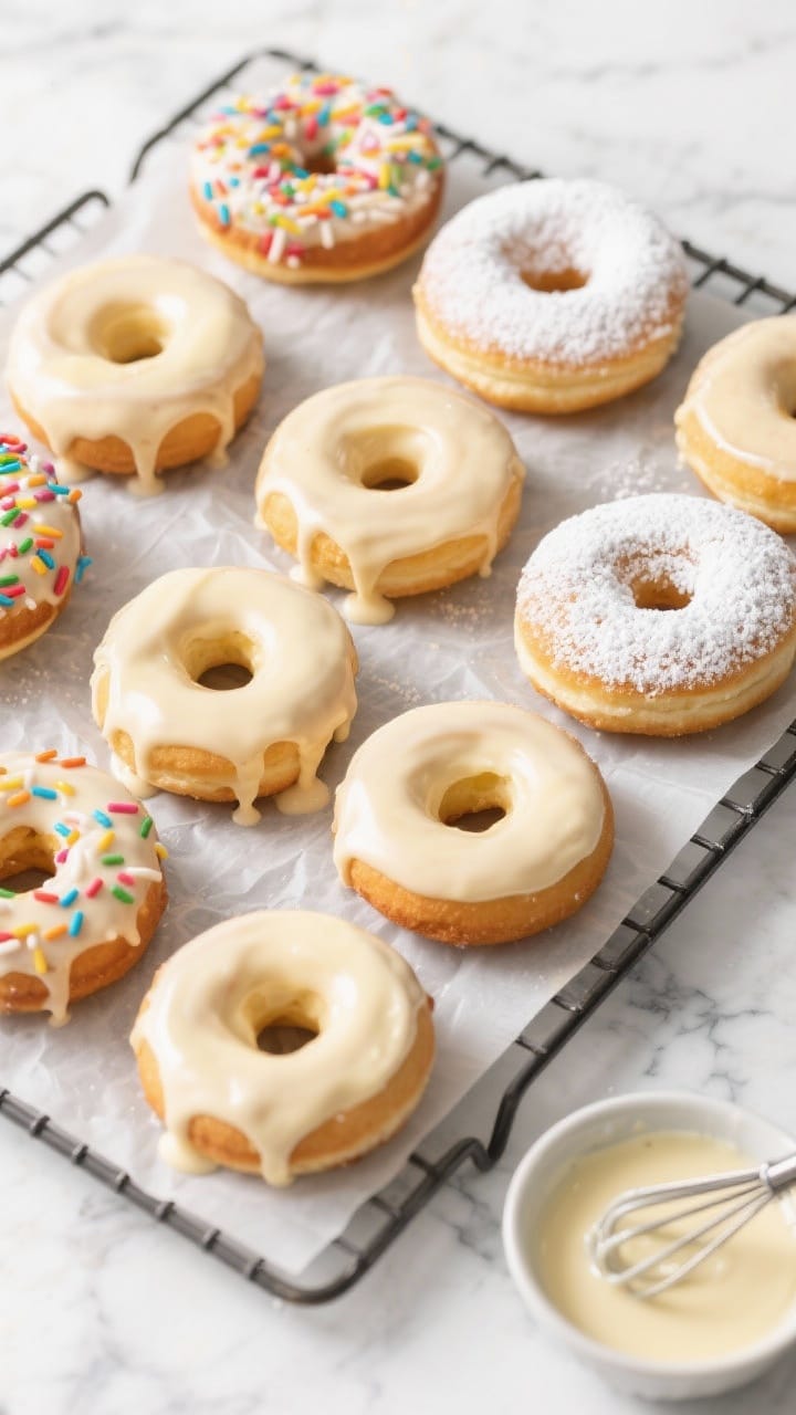 Tasty top view: overhead shot of a cooling rack filled with glazed baked donuts, glossy vanilla glaz