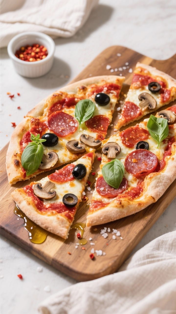 Tasty top view: Overhead shot of a finished thin-crust no-yeast pizza on a wooden board, sliced into