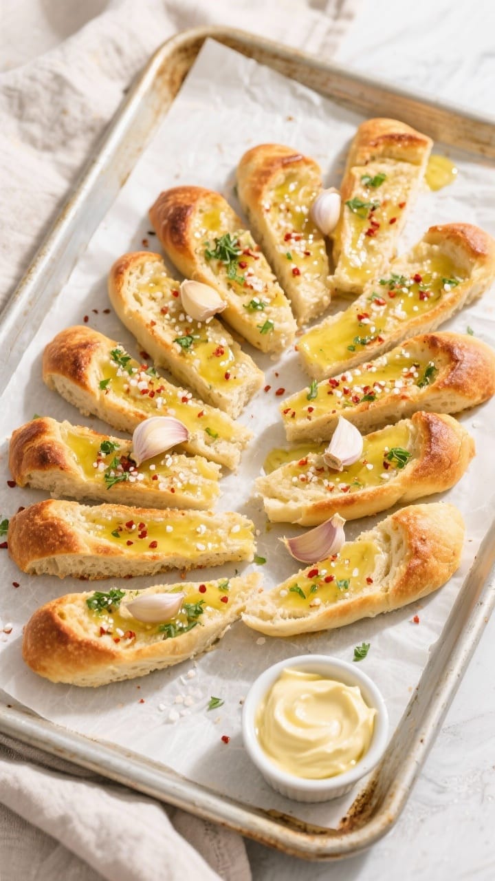 Tasty top view: Overhead shot of sliced no-yeast garlic bread arranged in a fan on a parchment-lined
