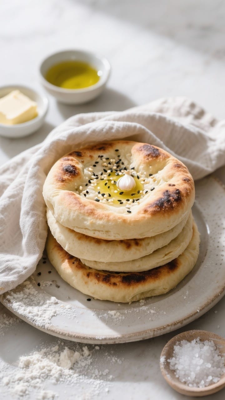 Tasty top view, stacked and kept soft: Overhead shot of a stack of freshly cooked pan breads on a ne