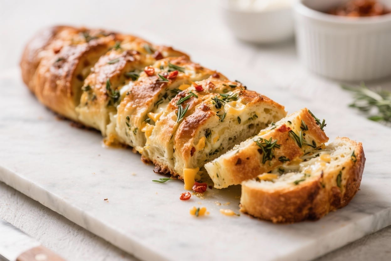 Savory pull apart bread - This savory pull apart bread is rich with herbs, cheese, and a hint of heat, and it bakes up into a