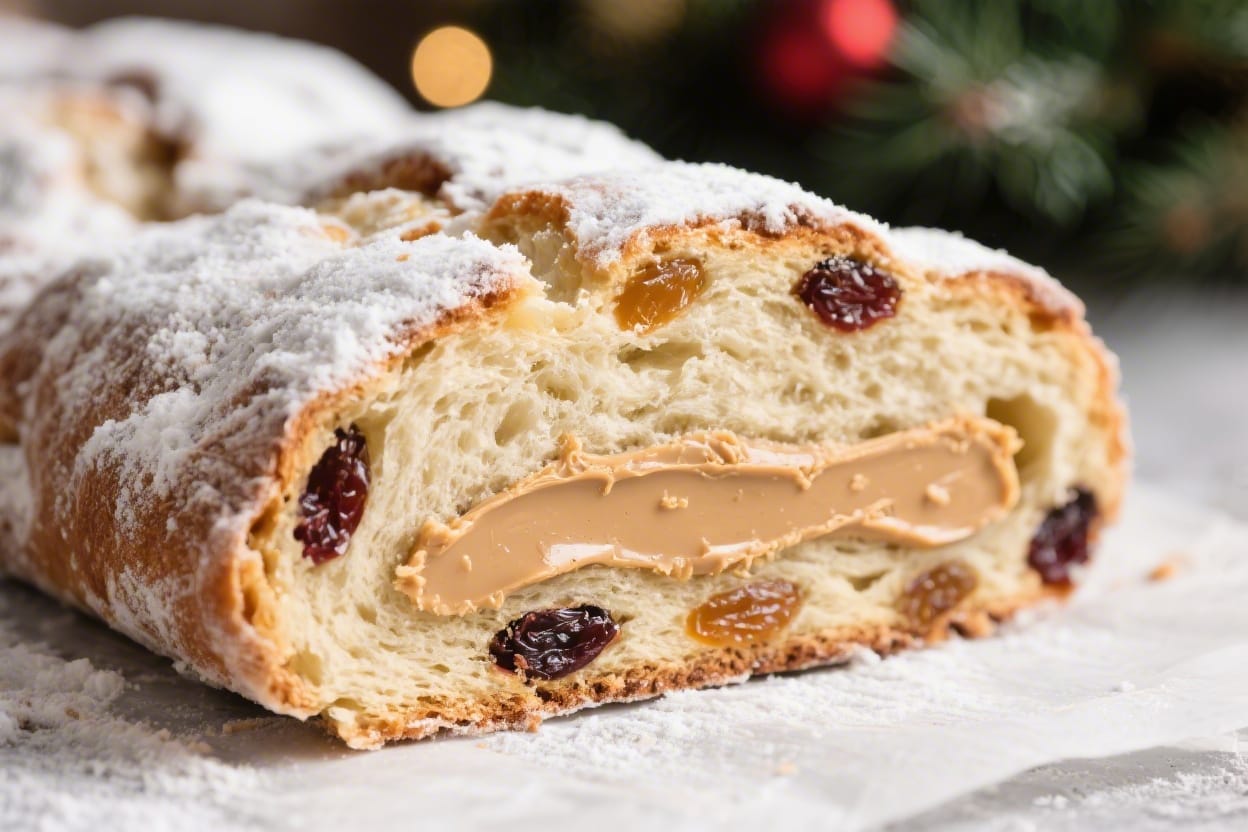 Christmas stollen bread recipe - It’s soft, buttery, and filled with rum-soaked fruit and a ribbon of almond paste in the center