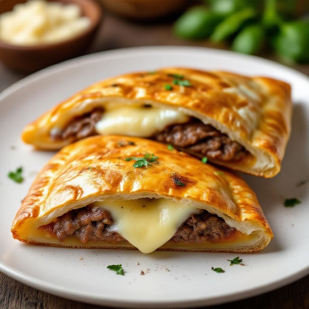 Beef calzone with cheese filling - This beef calzone with cheese filling brings a cozy pizzeria vibe straight to your kitchen, with sim