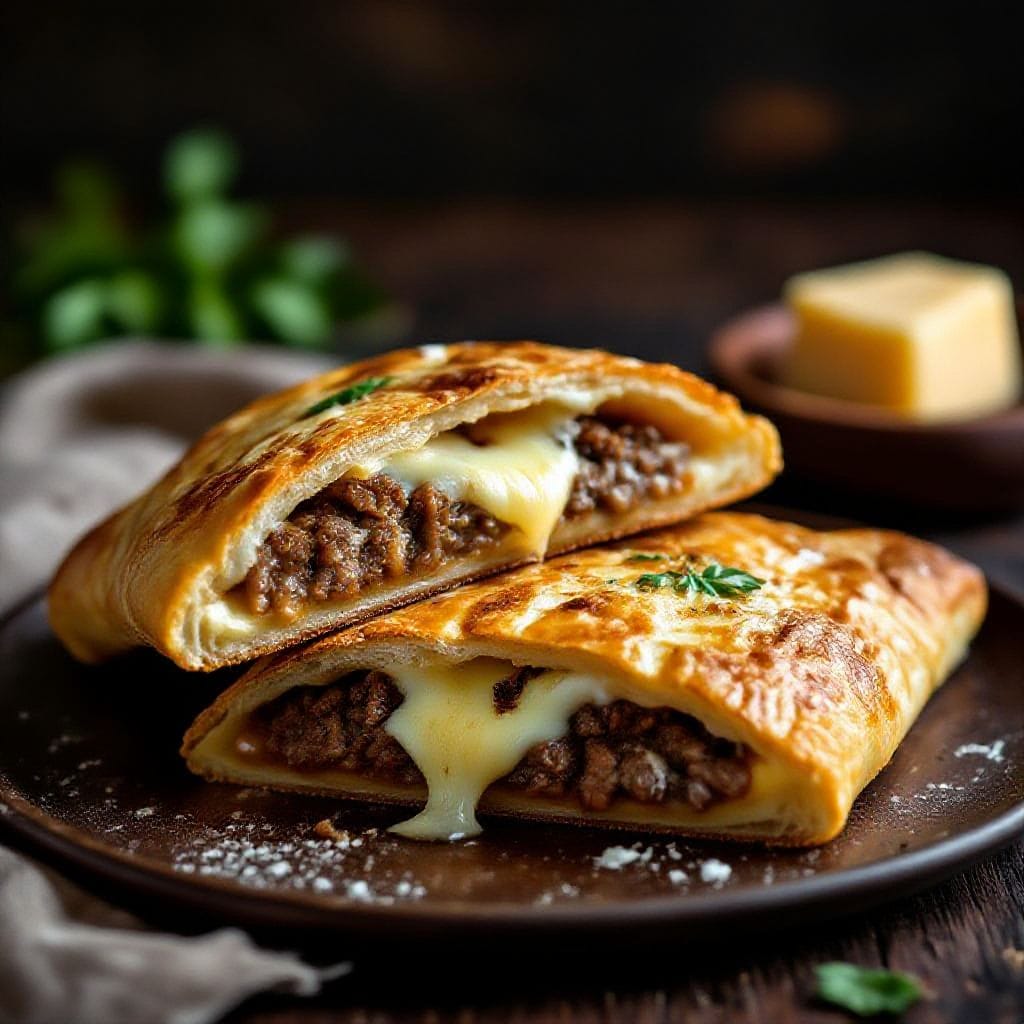 Beef calzone with cheese filling - The dough bakes up crisp on the outside and tender inside, while the hearty beef and melty cheese ma