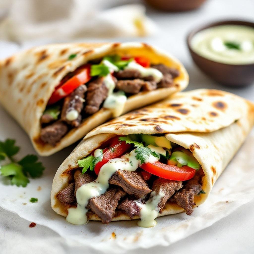 Beef shawarma pita pockets recipe - The spice blend is warm and fragrant, and the tangy garlic-tahini sauce pulls everything together
