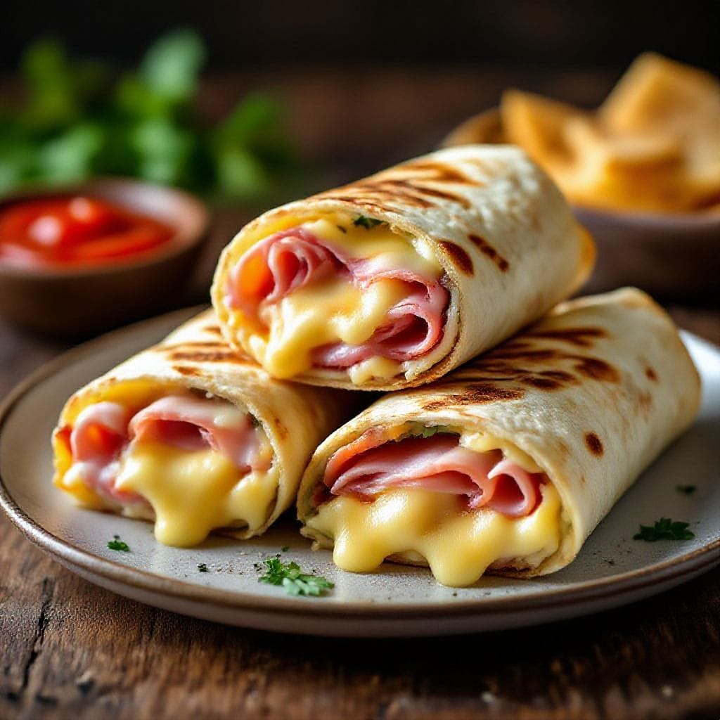 Cheese and ham stuffed wraps - They’re warm, melty, and full of flavor with hardly any prep