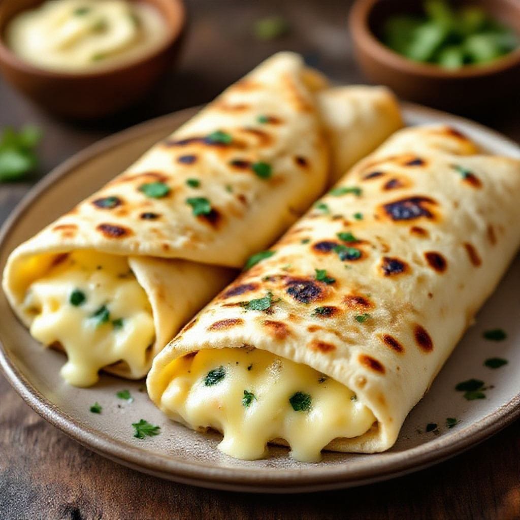 Cheese stuffed garlic naan wraps - Cheese Stuffed Garlic Naan Wraps - Warm, Cheesy, and Easy to Love These cheese stuffed garlic naan w
