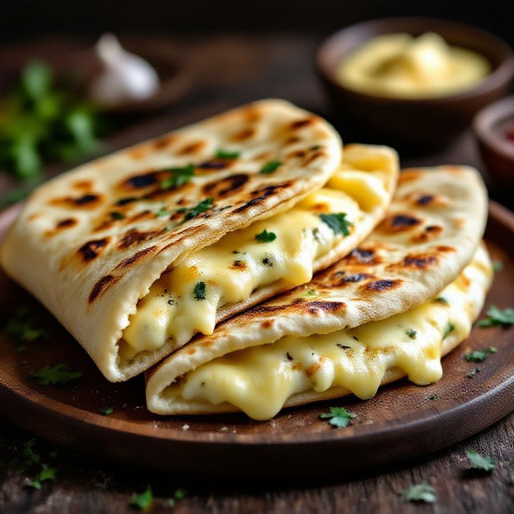 Cheese stuffed garlic naan wraps - They’re soft, buttery, and loaded with gooey cheese—plus a garlicky kick that makes every bite memor