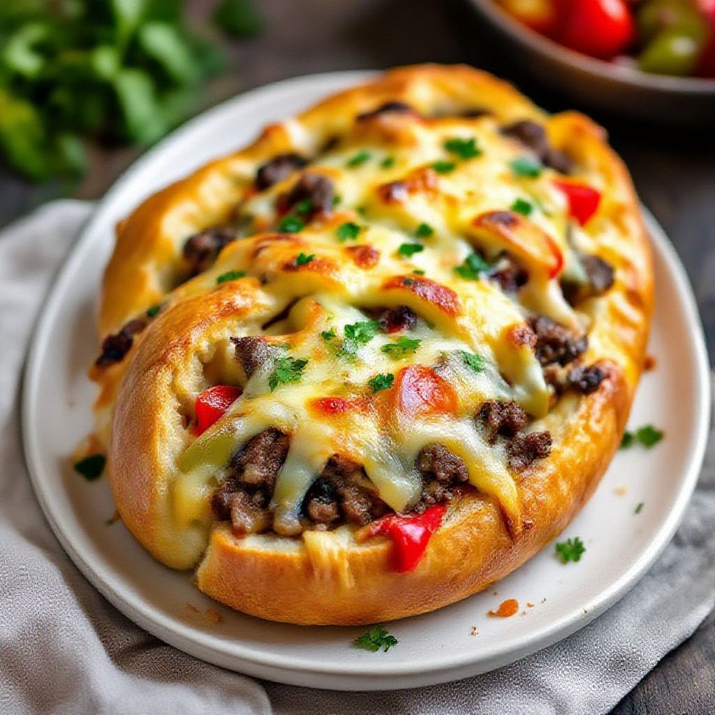 Cheesy beef stuffed bread bake - Picture golden bread filled with savory beef, onions, peppers, and gooey cheese, all baked into one