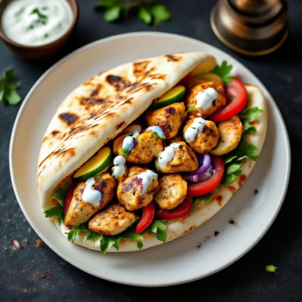 Chicken kebab flatbread sandwich - It brings together tender, spiced chicken, cool yogurt sauce, and crisp veggies, all tucked into war