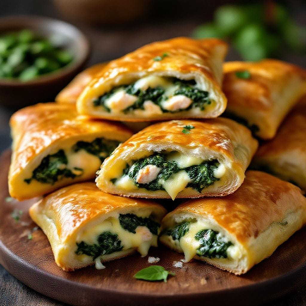 Chicken spinach stuffed bread pockets - They pack tender chicken, garlicky spinach, and melted cheese into soft, golden pockets you can hold
