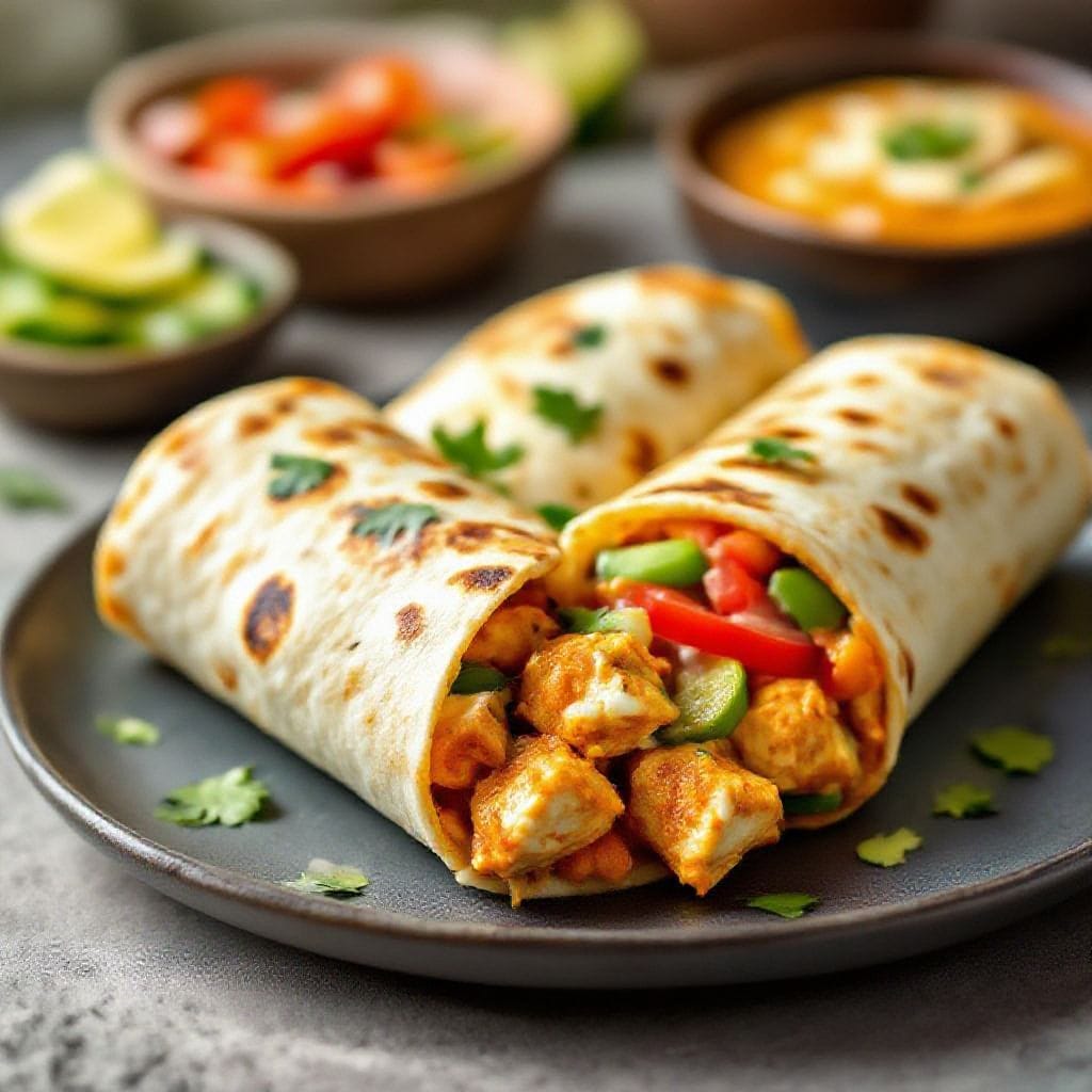 Chicken tikka pizza wraps recipe - Think tender spiced chicken, tangy sauce, melted cheese, and crisp veggies—rolled up in a warm torti
