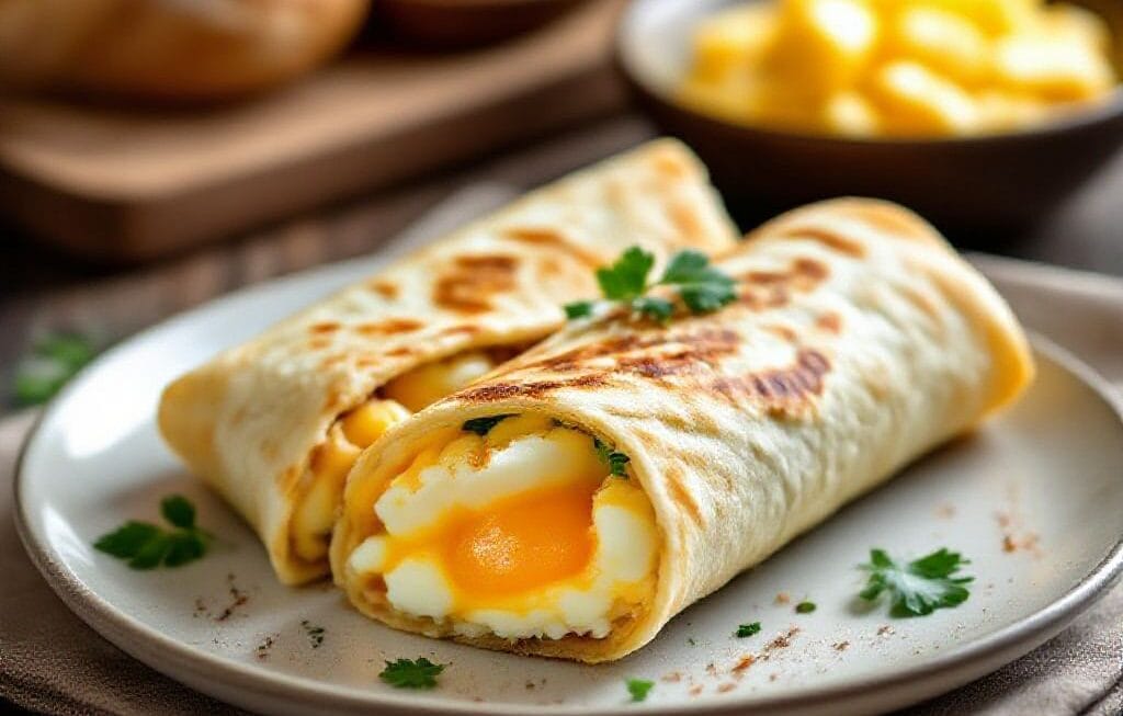 egg and cheese stuffed breakfast wrap