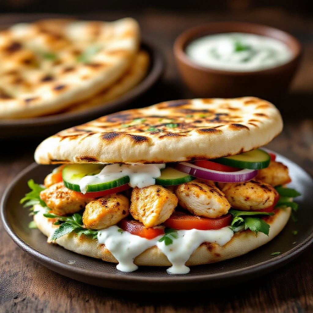 Garlic chicken naan sandwich - It’s got juicy, garlicky chicken, warm toasted naan, crisp veggies, and a creamy, tangy sauce that t