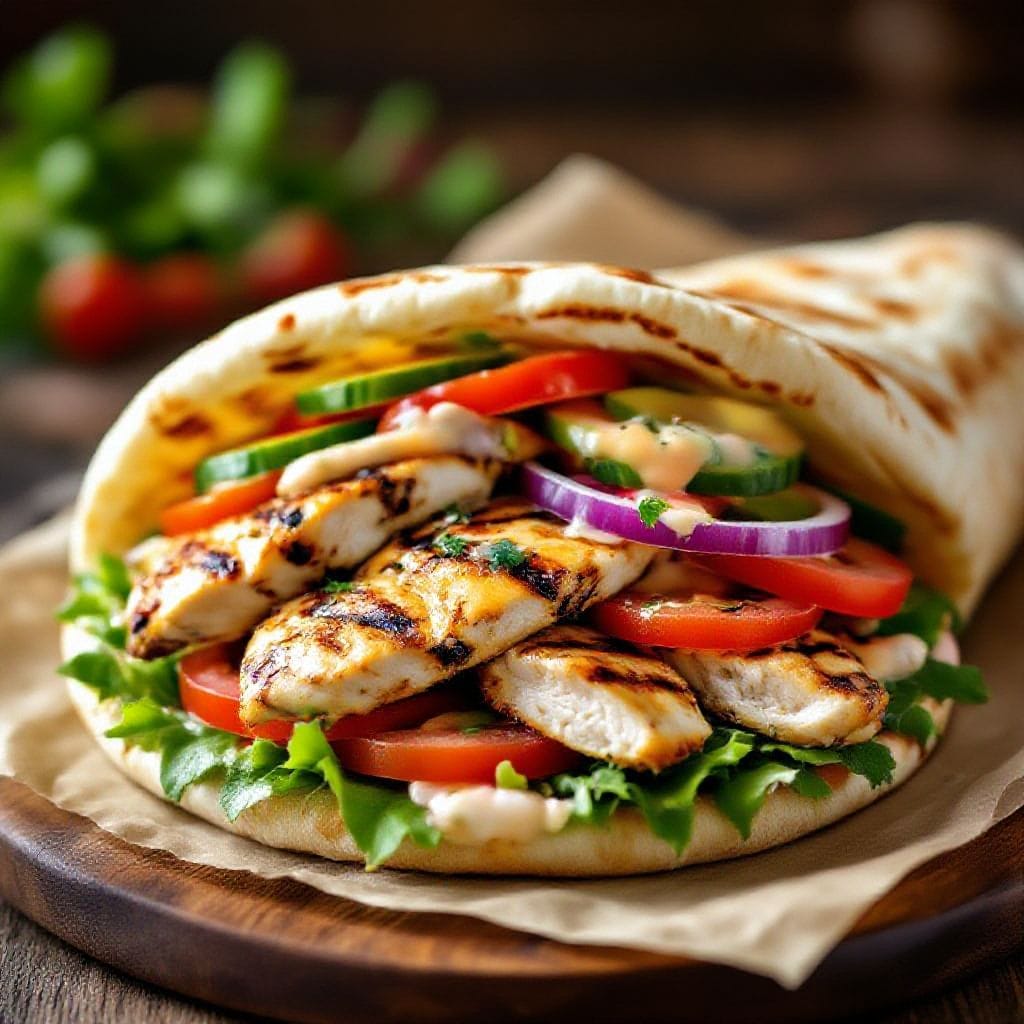 Grilled chicken pita sandwich - It’s got juicy chicken, crisp veggies, and a tangy sauce, all tucked into warm, soft pita