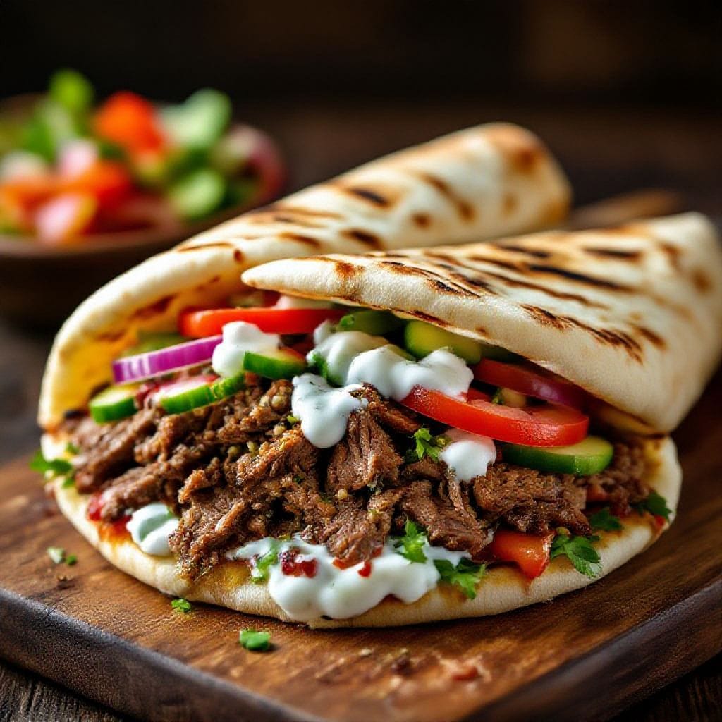 Lamb shawarma flatbread sandwich - Juicy, spiced lamb meets cool, creamy sauce, crunchy vegetables, and soft flatbread